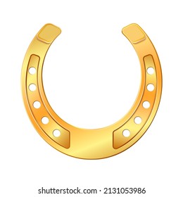 Golden horseshoe, lucky St. Patricks day symbol. Good luck sign, vector illustration isolated on white background.