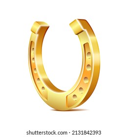 Golden horseshoe, lucky St. Patricks day symbol. Good luck sign, vector illustration isolated on white background.