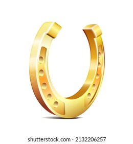 Golden horseshoe, lucky St. Patricks day symbol. Good luck sign, vector illustration isolated on white background.