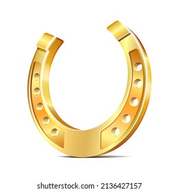 Golden horseshoe, lucky St. Patricks day symbol. Good luck sign, vector illustration isolated on white background.