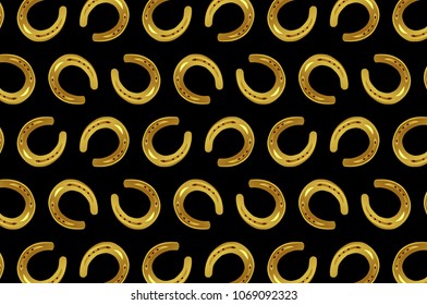 Golden horseshoe on black background - vector pattern