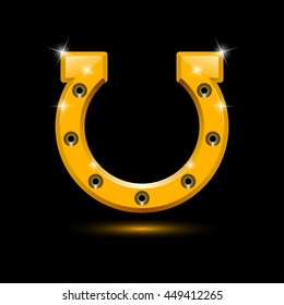Golden horseshoe on black background. A horseshoe symbolizes good luck. Vector illustration