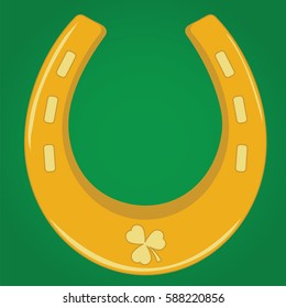 Golden horseshoe on a green background. Illustration of Saint Patrick's Day