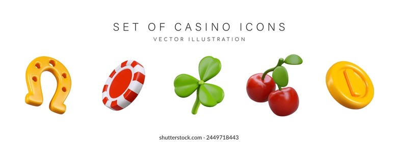 Golden horseshoe, poker chip, shamrock clover, cherries, coins