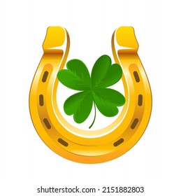 Golden horseshoe and quatrefoil clover. Patricks Day holiday symbol