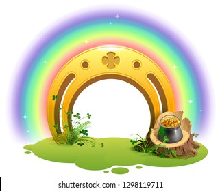 Golden horseshoe, rainbow and pot of gold symbol of St. Patrick Day. Isolated on white vector cartoon illustration
