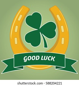 Golden horseshoe, Shamrock and  inscription on a green background. Illustration of Saint Patrick's Day