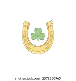 Golden horseshoe with shamrock. Symbol of luck and prosperity. Good luck charm. St Patrick's day design element. Isolated on a white background.