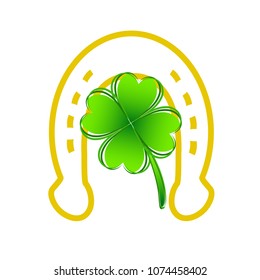 Golden horseshoe silhouette and four leaf clover like lucky symbol, stock vector illustration