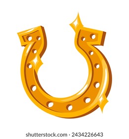 A golden horseshoe for St. Patrick's Day, bringing good luck. The shine of a golden object that brings good luck. A symbol of luck, wealth or success. Isolated vector illustration of a horseshoe