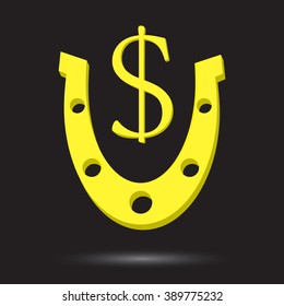 Golden horseshoe with symbol gold dollar. Horseshoe and  horseshoe vector, lucky horseshoe, golden dollar, success currency, metal lucky, fortune magnetism. Vector abstract flat design illustration