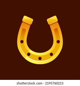Golden horseshoe symbol of good luck and fortune. Shiny horseshoe talisman and happiness badge. St Patrick Day design element vector