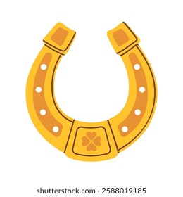 Golden horseshoe symbol of luck and fortune. Good luck talisman for St. Patrick's Day decoration. Vector illustration isolated on white background. 