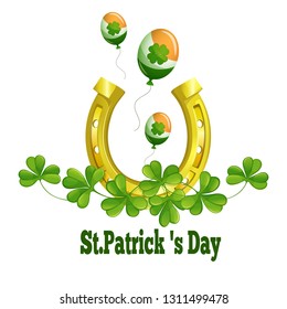 Golden Horseshoe, trout clover and balloons on St. Patrick's Day postcard. Vector illustration.