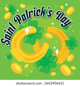 Golden horseshoes and clovers. Vector illustration