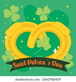 Golden horseshoes with clovers. Vector illustration