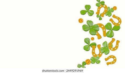 Golden horseshoes, coins, green four leaf clovers, shamrocks