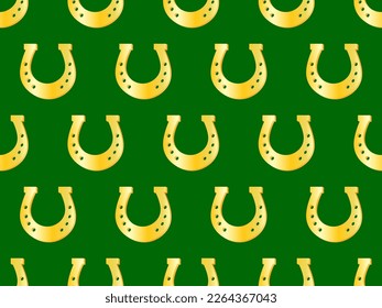 Golden horseshoes on green background seamless pattern. Good luck symbol. Festive design for St. Patrick's Day. Design for print, wrapping paper and promotional items. Vector illustration