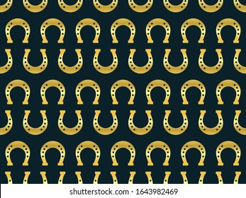 Golden horseshoes seamless pattern. Irish symbol of good luck. Background for greeting card, wrapping paper, promotional materials. Vector illustration