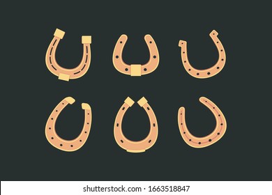 Golden horseshoes vector collection in flat style. lucky St. Patrick's day symbol.