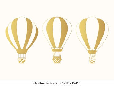 Golden hot air balloons silhouettes set. Cute vector aerostat icons. Sky transport for journey. Concept for children print.