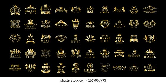 Golden Hotel Luxury Logo Set - Isolated On Black Background, Vector.Icons Collection Of Golden Hotel Logo, Emblem And Label.Useful For Badge,Seal And Design Template.Vector Illustration Of Luxury Logo