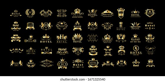 Golden Hotel Luxury Logo Set - Isolated On Black Background, Vector.Icons Collection Of Golden Hotel Logo, Emblem And Label.Useful For Badge,Seal And Design Template.Vector Illustration Of Luxury Logo