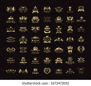 Golden Hotel Luxury Logo Set - Isolated On Black Background, Vector.Icons Collection Of Golden Hotel Logo, Emblem And Label.Useful For Badge,Seal And Design Template.Vector Illustration Of Luxury Logo