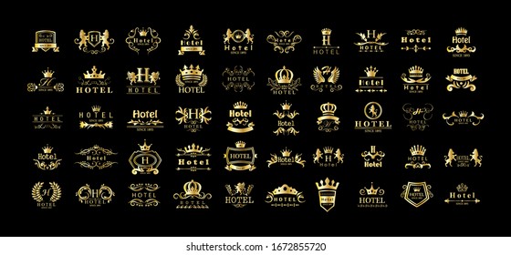 Golden Hotel Luxury Logo Set - Isolated On Black Background, Vector.Icons Collection Of Golden Hotel Logo, Emblem And Label.Useful For Badge,Seal And Design Template.Vector Illustration Of Luxury Logo