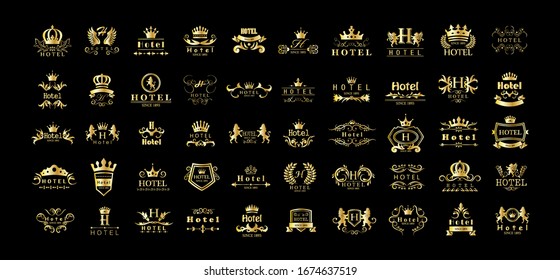 Golden Hotel Luxury Logo Set - Isolated On Black Background, Vector.Icons Collection Of Golden Hotel Logo, Emblem And Label.Useful For Badge,Seal And Design Template.Vector Illustration Of Luxury Logo