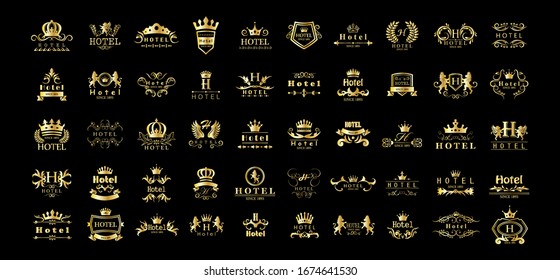 Golden Hotel Luxury Logo Set - Isolated On Black Background, Vector.Icons Collection Of Golden Hotel Logo, Emblem And Label.Useful For Badge,Seal And Design Template.Vector Illustration Of Luxury Logo