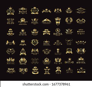 Golden Hotel Luxury Logo Set - Isolated On Black Background, Vector.Icons Collection Of Golden Hotel Logo, Emblem And Label.Useful For Badge,Seal And Design Template.Vector Illustration Of Luxury Logo