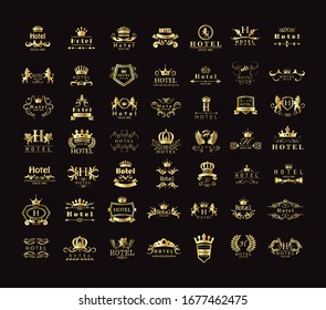 Golden Hotel Luxury Logo Set - Isolated On Black Background, Vector.Icons Collection Of Golden Hotel Logo, Emblem And Label.Useful For Badge,Seal And Design Template.Vector Illustration Of Luxury Logo