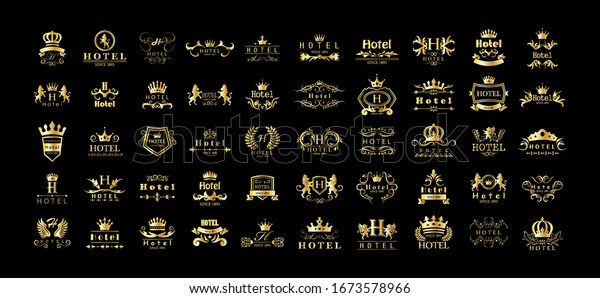 Golden Hotel Luxury Logo Set - Isolated On Black\
Background, Vector.Icons Collection Of Golden Hotel Logo, Emblem\
And Label.Useful For Badge,Seal And Design Template.Vector\
Illustration Of Luxury\
Logo