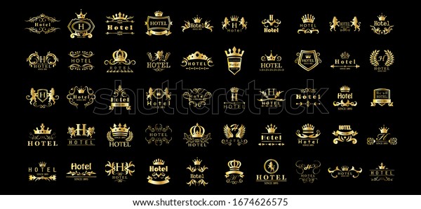 Golden Hotel Luxury Logo Set - Isolated On Black\
Background, Vector.Icons Collection Of Golden Hotel Logo, Emblem\
And Label.Useful For Badge,Seal And Design Template.Vector\
Illustration Of Luxury\
Logo