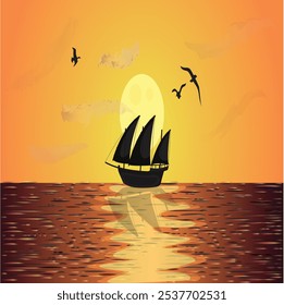 Golden hour paints the sky with hues of orange and yellow, reflecting on the calm river. Silhouettes of boats glide across the water, creating a serene and picturesque sunset scene.
