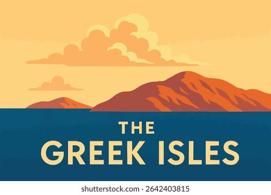 As the golden hour settles over the Greek Isles, dreamy clouds drift across the sky, casting a soft, warm glow over the tranquil coastline.