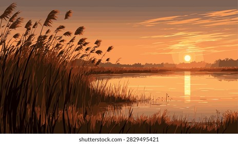 Golden Hour Sunset Over Marshland Reeds and Reflective Water