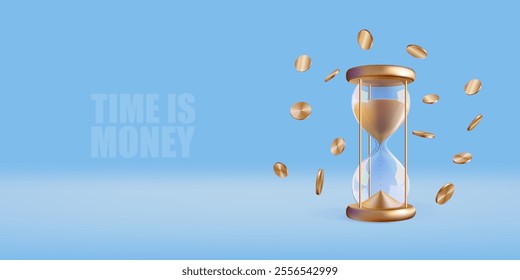 Golden hourglass and coins 3d banner template. Time money budget concept on blue background. Sand flow in clock glass bulb. Vector transparent sandglass countdown. Abstract realistic gold deadline.