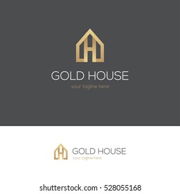 Golden House Icon With Letter H. Can Be Used For Real Estate, Jewelry Or Hotel Logo Design Concept.