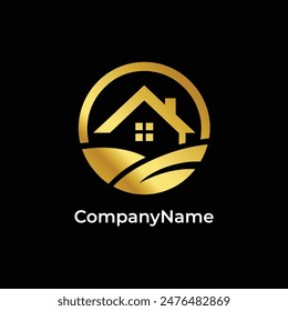 A golden house and landscape in a circular design, representing modern real estate and residential sectors. Ideal for businesses promoting family homes, suburban living, and comfortable lifestyles.