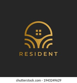 Golden house line icon. Can be used for realty estate, apartment, residential property or hotel logo template.
