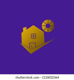 golden house logo vector with a check mark in the sun, giving a professional impression easy for people to remember, suitable for logo reconstruction, property sales, and home services