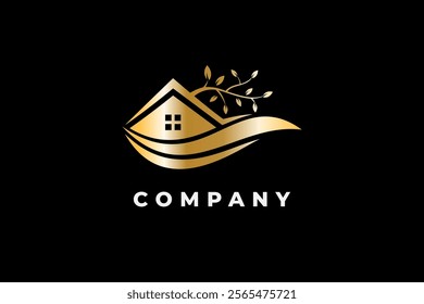 golden house real estate luxury branch tree eco logo