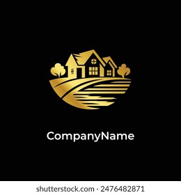 A golden house and trees within a circular design, representing residential and real estate sectors. Perfect for businesses promoting family homes, suburban living, and eco-friendly properties.