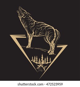 Golden howling wolf. Vector abstract illustration.