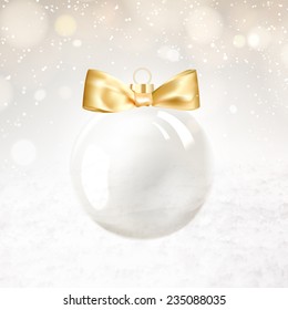 Golden hristmas ball on white background with blurred sparks and confetti. Vector illustration.