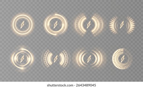 Golden HUD elements with rotating glowing rings and energy symbol. Suitable for user interface, futuristic charging and power visualization. Light elements on transparent background PNG