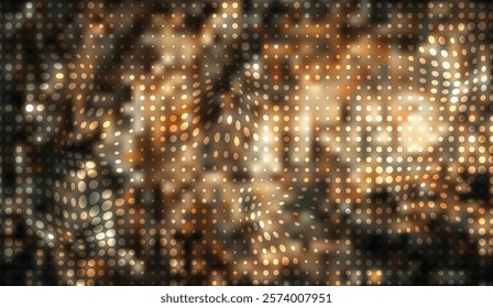 Golden Hues on a Distorted Dot Matrix, A Textured Abstract with Bokeh-like Circular Highlights, creating a shimmering, almost holographic, effect