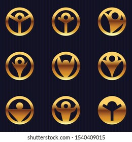 Golden Human In Circle Ring Premium Icon Set - Vector